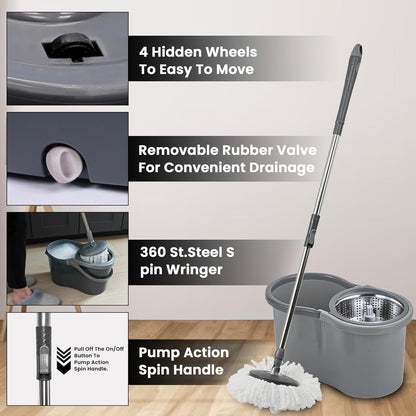 Aspect Mop and Buckets Sets Cleaning with 4 Wheel Turbo 16 Liter Microfiber Spin Wringer Mob for Cleaning tools and 360° Clean Hard Floor with EXTRA 3 Washable Mops Pads