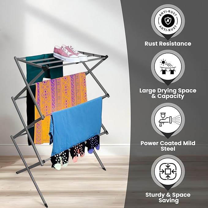LUXTROUS Expandable Clothes Drying Rack-Foldable 3-Tier Laundry Drying Rack, Adjustable Towel Rack Air Drying Clothing - Indoor & Outdoor Foldable Drying Racks Horse Airer, Grey