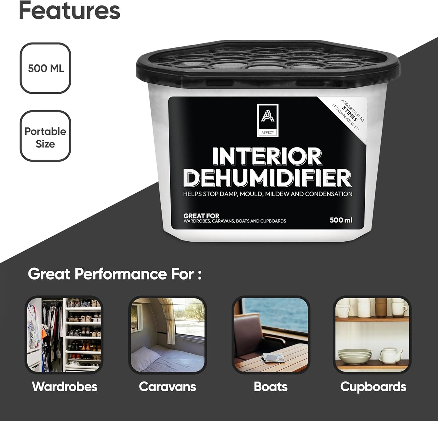 Aspect Dehumidifier Condensation Remover 500ml Moisture Absorber, Dehumidifiers for Damp, Mould, Moisture in Home, Kitchen, Wardrobe, Bedroom, Caravan, Office, Garage, Bathroom (20)