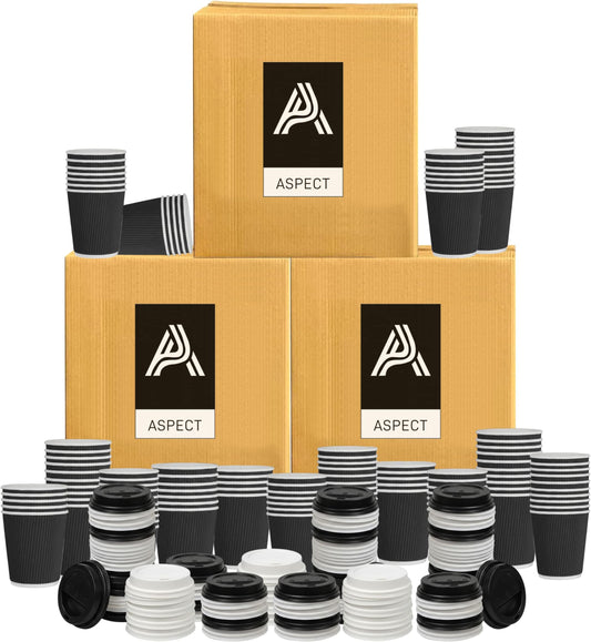 Aspect Coffee Cups with lids, 200 x 8oz Triple Wall Ripple Kraft Paper for Hot & Cold Drinks(Black)