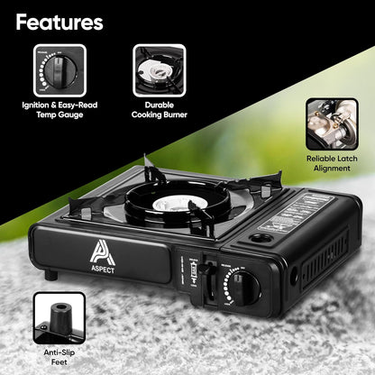 Aspect Portable Camping Stove with Cary Case, Single Burner, Automatic Ignition, Heat Control, Premium Camping Gas Stove, Indoor/Outdoor, Black Caravan