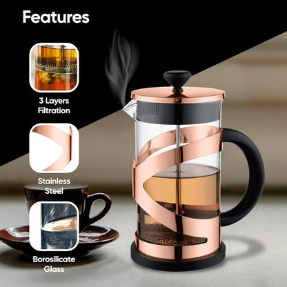 Aspect 8 cup Cafetiere, Coffee Press, French Press Maker for Filter Coffee, Loose Tea and Milk Froth, 3 Level Stainless Steel Filter, Heat Resistant Borosilicate Glass (0.6L - Rose Gold)