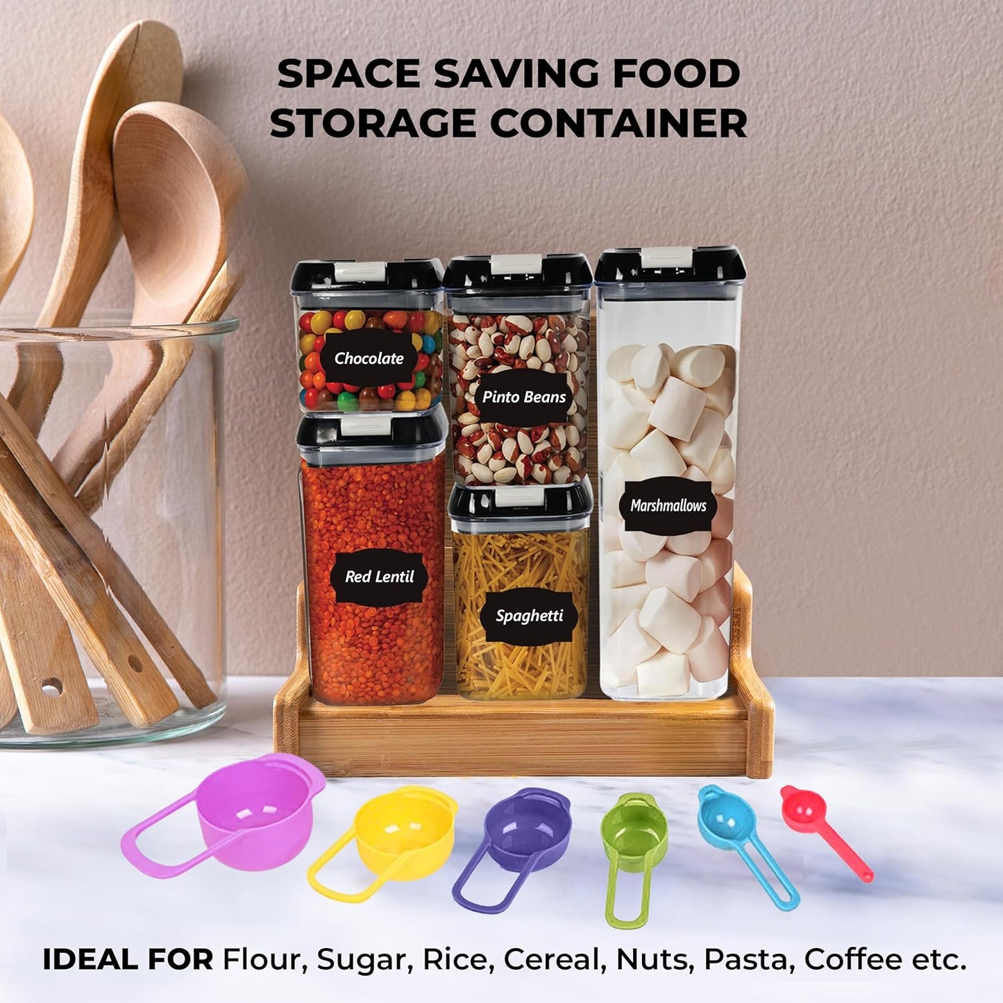 LUXTROUS Airtight Food Storage Containers Set Of 5 Pantry Organizers&Storage,Multisize Kitchen Storage Jars with 10 Labels&Measuring Spoons,Plastic Containers For Flour,Cereals,Sugar,Baking Supplies