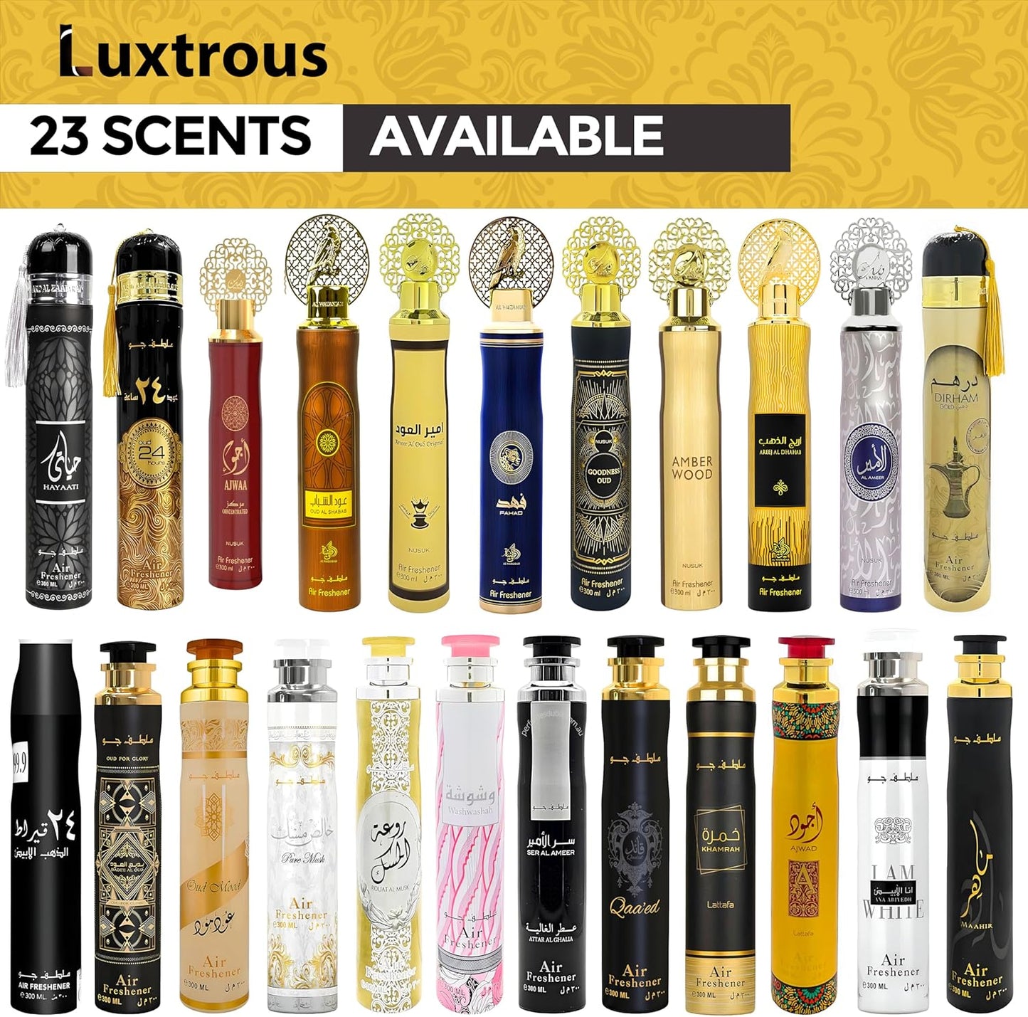 Luxtrous Long-Lasting Dubai Air Fresheners – Alcohol-Free Arabic Air Freshener for Home, Office, Hotel, Car & More | Arabian Air Freshener with Luxury Scent, 300 ml (Pack of 3) (Goodness Oud Black)