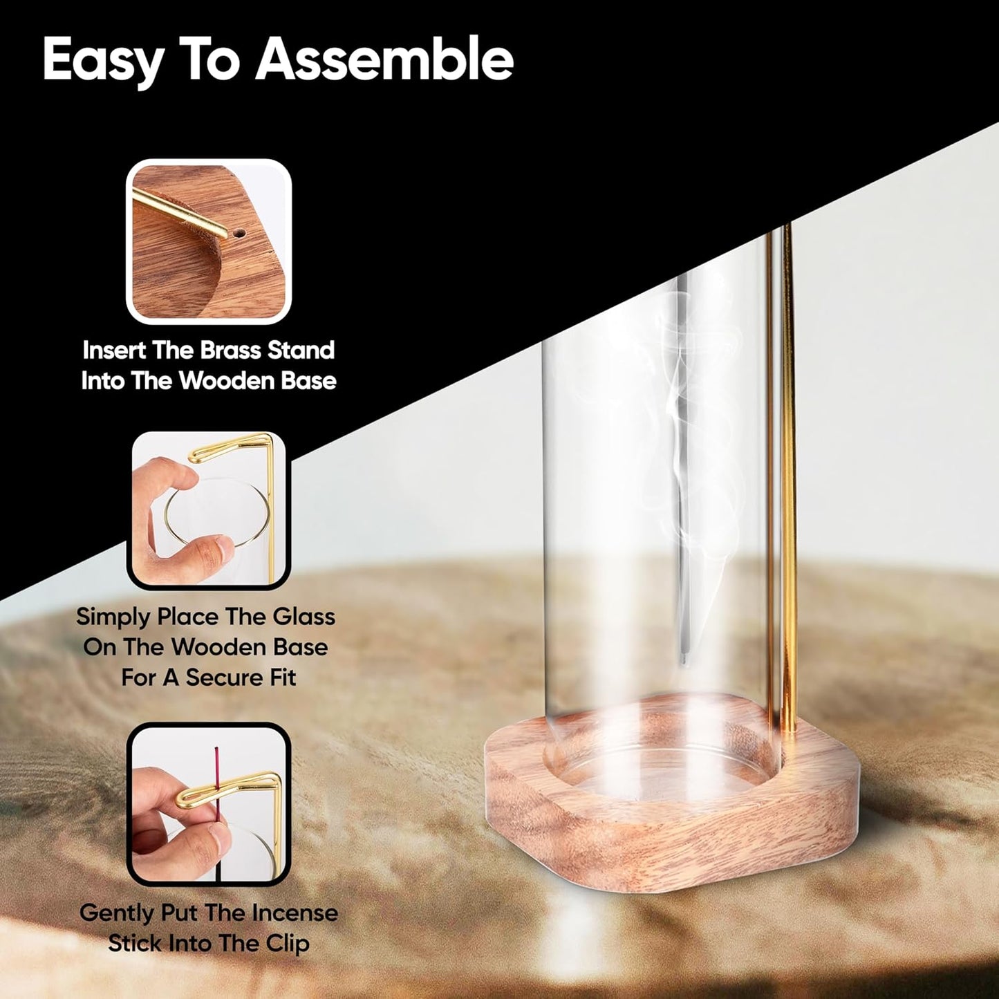 Aspect Incense Holder for Sticks with Removable Glass Ash Catcher, Upgrade Wooden Mess-Free Incense Stick Burner Holder for Yoga Spa Meditation and Home Relaxation (Round)