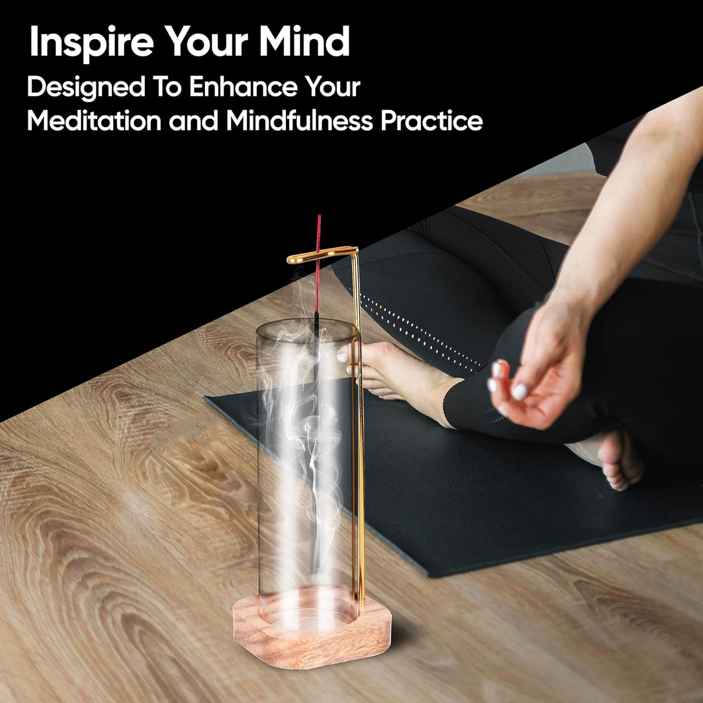 Aspect Incense Holder for Sticks with Removable Glass Ash Catcher, Upgrade Wooden Mess-Free Incense Stick Burner Holder for Yoga Spa Meditation and Home Relaxation (Round)