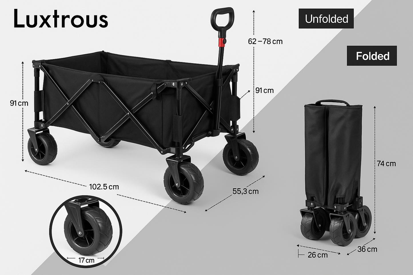 LUXTROUS Folding Outdoor Detachable Trolley Utility Transport Cart Folding Wagon For Camping cart for shopping picnic collapsible garden hand cart with adjustable handles & cover bag (Black)