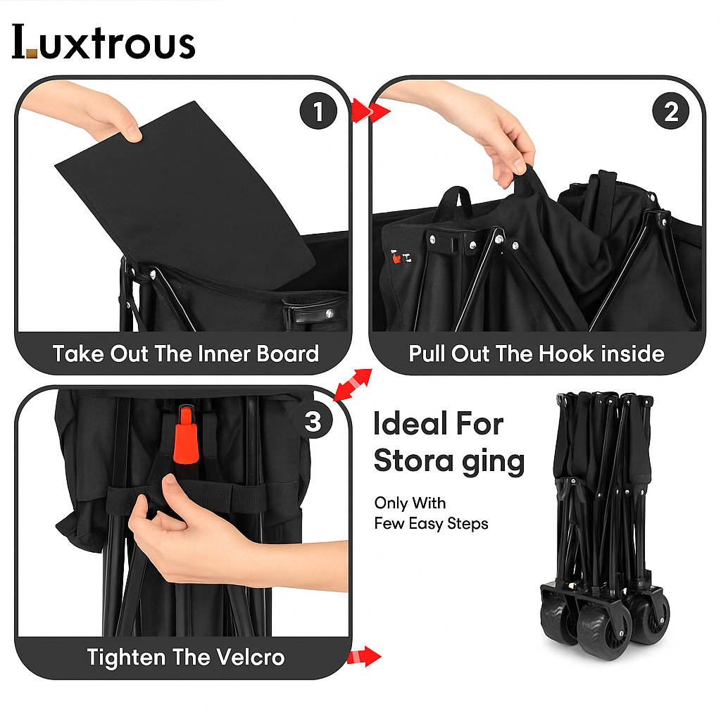 LUXTROUS Folding Outdoor Detachable Trolley Utility Transport Cart Folding Wagon For Camping cart for shopping picnic collapsible garden hand cart with adjustable handles & cover bag (Black)