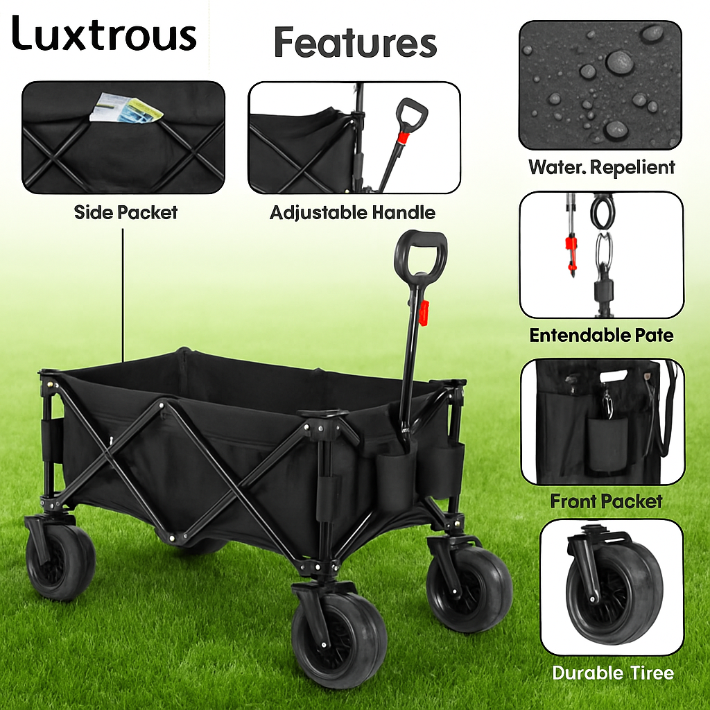 LUXTROUS Folding Outdoor Detachable Trolley Utility Transport Cart Folding Wagon For Camping cart for shopping picnic collapsible garden hand cart with adjustable handles & cover bag (Black)