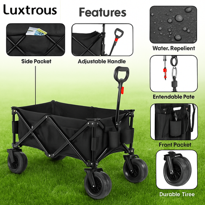 LUXTROUS Folding Outdoor Detachable Trolley Utility Transport Cart Folding Wagon For Camping cart for shopping picnic collapsible garden hand cart with adjustable handles & cover bag (Black)