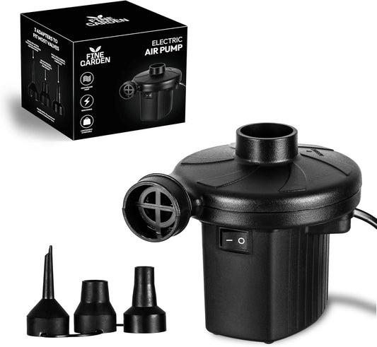 Fine Garden Electric Pump, AC 240V/150W/50Hz Portable Quick-Fill Air Pump with 3 Nozzles Perfect Inflator/Deflator Pumps Outdoor Camping,Inflatable Cushions,Air Mattress Beds,Boats,Swimming Ring,Black