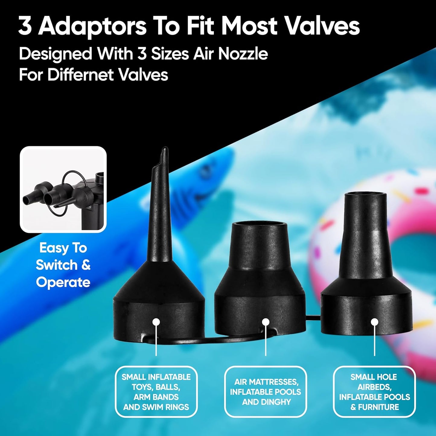 Fine Garden Electric Pump, AC 240V/150W/50Hz Portable Quick-Fill Air Pump with 3 Nozzles Perfect Inflator/Deflator Pumps Outdoor Camping,Inflatable Cushions,Air Mattress Beds,Boats,Swimming Ring,Black