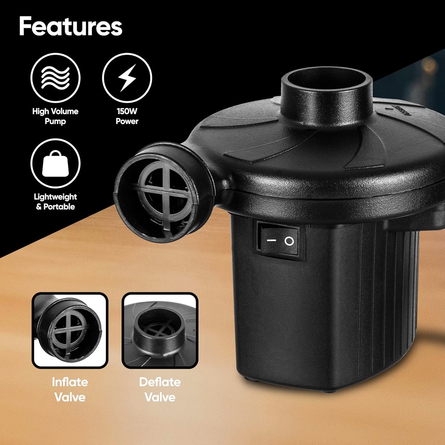 Fine Garden Electric Pump, AC 240V/150W/50Hz Portable Quick-Fill Air Pump with 3 Nozzles Perfect Inflator/Deflator Pumps Outdoor Camping,Inflatable Cushions,Air Mattress Beds,Boats,Swimming Ring,Black