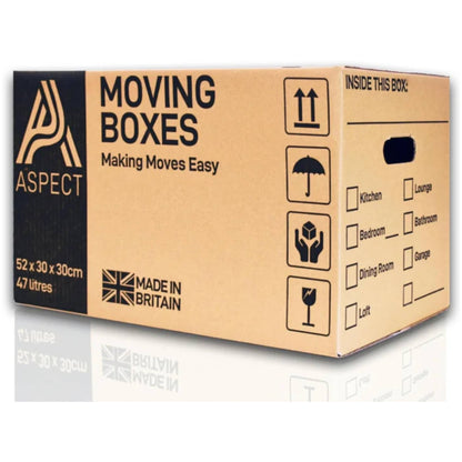 Aspect 5 Strong Large Cardboard Storage for Moving House 52cm x 30cm x 30cm Storage Packing Boxes With Lids Storage Boxes for Packing With Carry Handles - 47 Litres