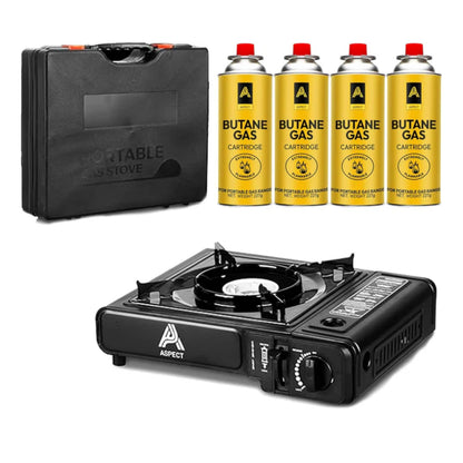 Aspect Camping Stove Portable With 4 Butane Gas Camp Kitchen Equipment Single Burner Outdoor/Indoor - Camping Stove with Automatic Ignition & Heat Control - Cooking Grill, Picnics, BBQ – Black