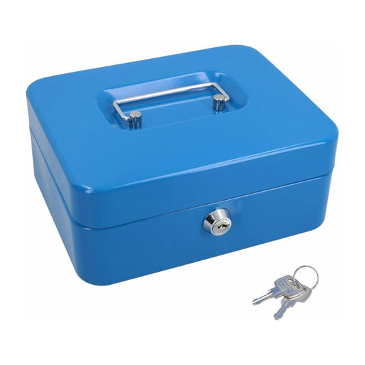 Luxtrous Metal Cash Box with Slot for Kids, Small Money Box with Removable Money Tray & Key Lock Perfect Secure Storage for Loose Change (6") Blue