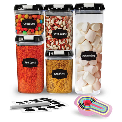 LUXTROUS Airtight Food Storage Containers Set Of 5 Pantry Organizers&Storage,Multisize Kitchen Storage Jars with 10 Labels&Measuring Spoons,Plastic Containers For Flour,Cereals,Sugar,Baking Supplies